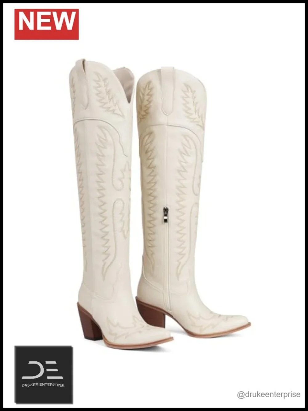 Women's Thigh High Western Cowboy Boots Pointed Toe Chunky Heel Embroidered PU